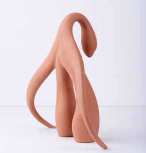 3/4 back view of "Swan Series" ceramic sculpture in terra cotta by Sophia Wallace, 2022.