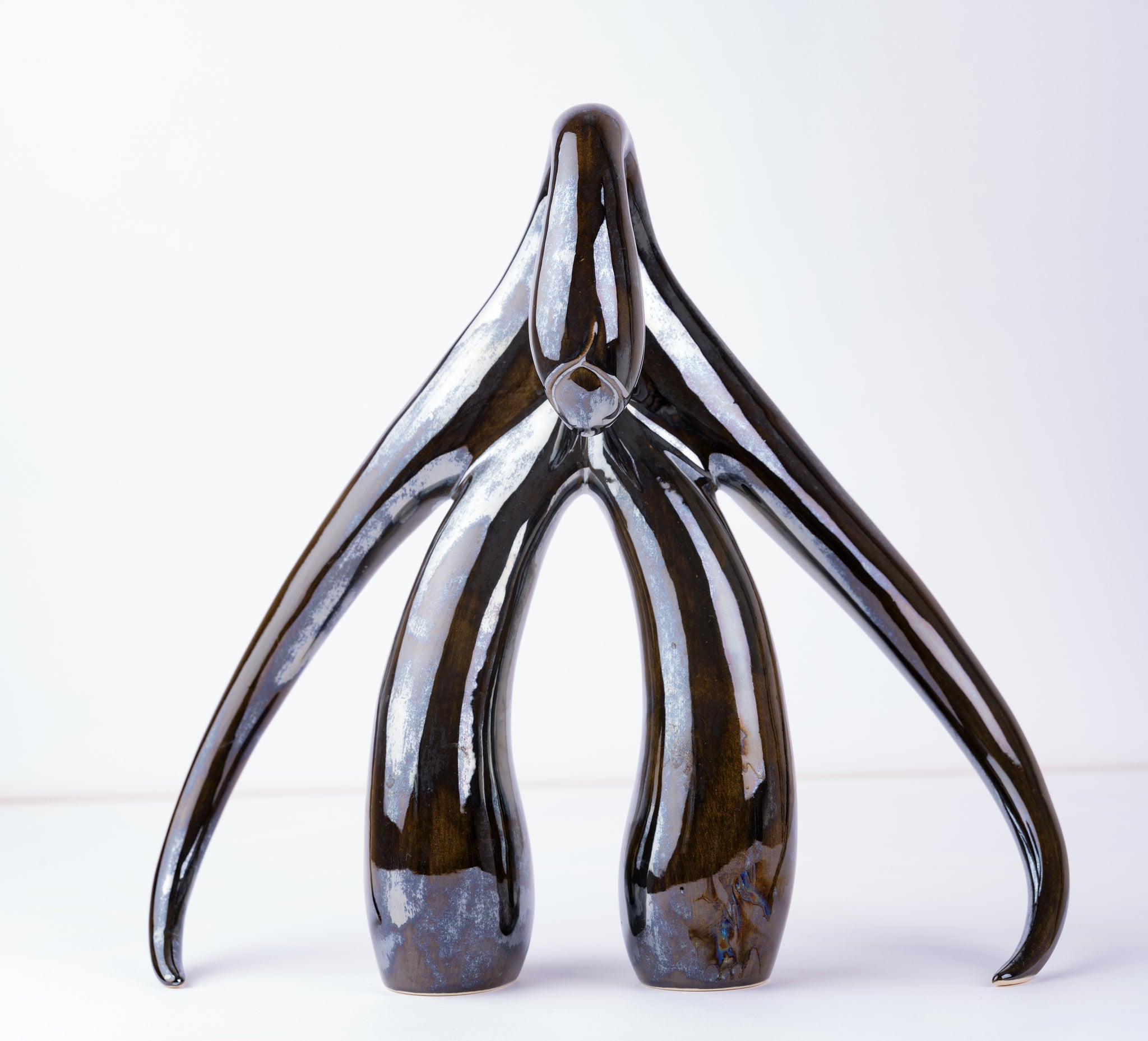 Front view of "Swan Series" ceramic sculpture in black opal by Sophia Wallace, 2022.